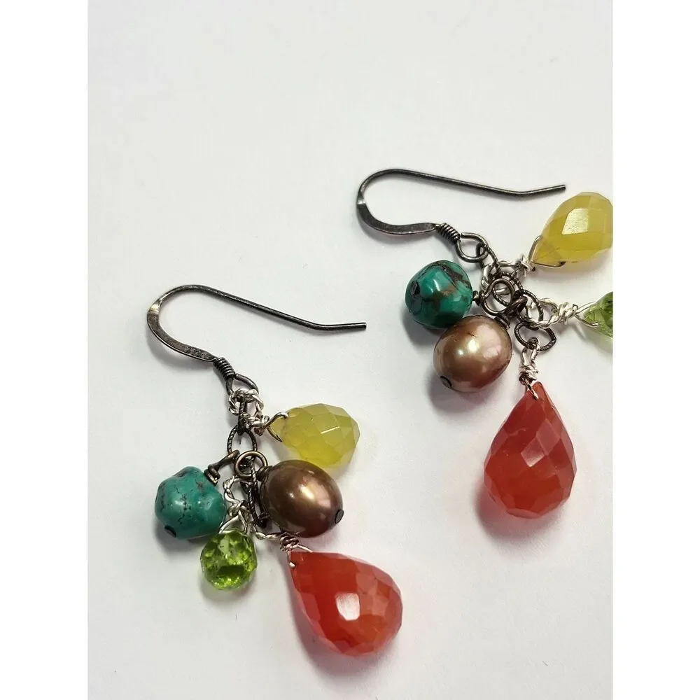 Multi-Gemstone And Pearl Cluster Drop Earrings Sterling Silver